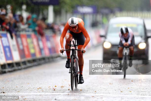 Ellen Van Dijk of the Netherlands crosses the finish line to win the race during the Women's Road Cycling on Day Seven of the European Championships...