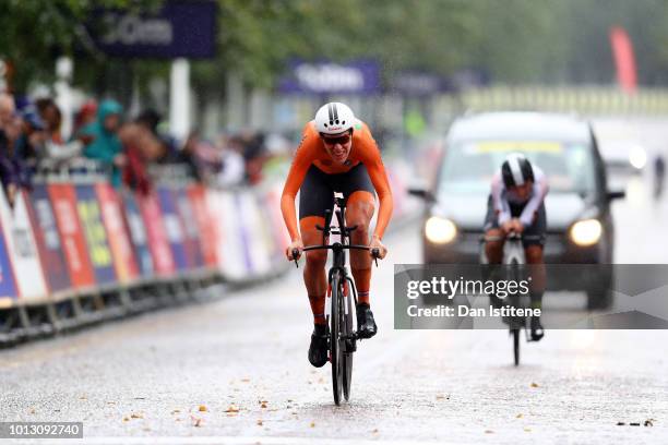 Ellen Van Dijk of the Netherlands crosses the finish line to win the race during the Women's Road Cycling on Day Seven of the European Championships...