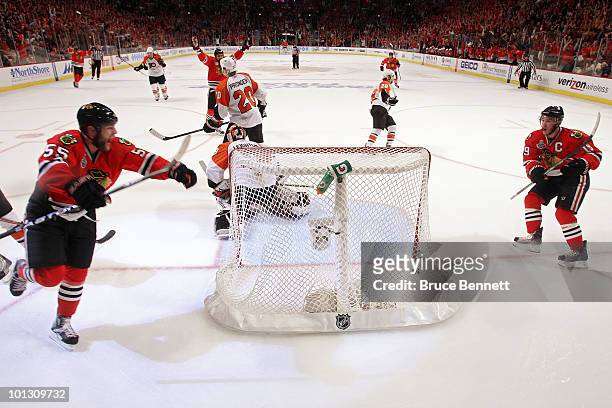 Ben Eager of the Chicago Blackhawks celerbrates after scoring a goal past Michael Leighton of the Philadelphia Flyers in the second period ofGame Two...