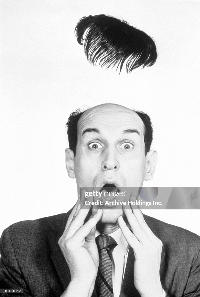 MANS HAIRPIECE FLIES OFF IN SHOCK, 1950S OR 1960S, FLIPPING HIS LID