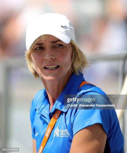 Former German long jumper Heike Drechsler looks on as she works as an official during day two of the 24th European Athletics Championships at...