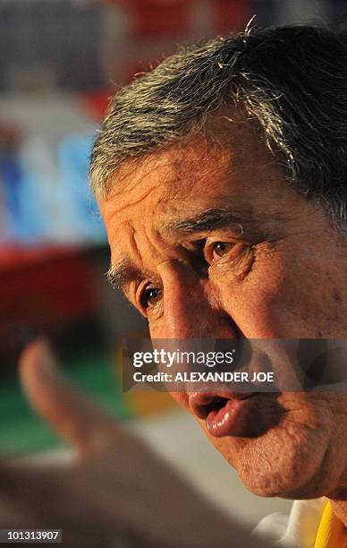 South Africa's national football team coach Carlos Parreira of Brazil gives a press conference on June 1, 2010 in Johannesburg to announce the names...