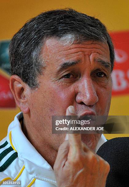 South Africa's national football team coach Carlos Parreira of Brazil gives a press conference on June 1, 2010 in Johannesburg to announce the names...