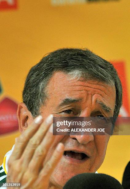 South Africa's national football team coach Carlos Parreira of Brazil gives a press conference on June 1, 2010 in Johannesburg to announce the names...