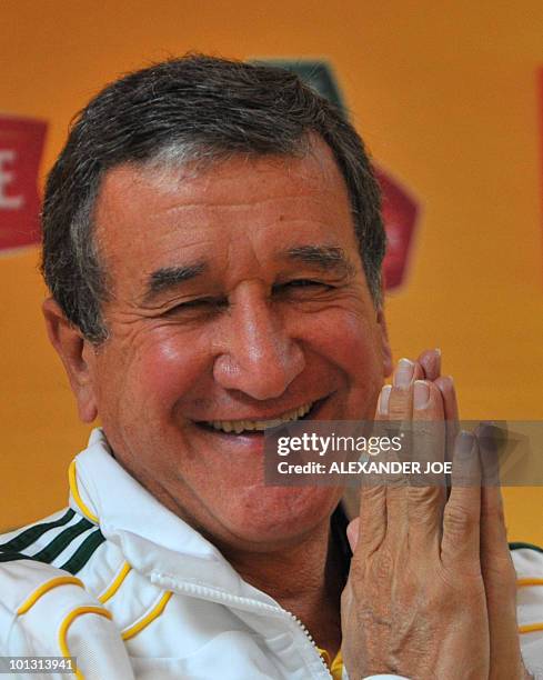 South Africa's national football team coach Carlos Parreira of Brazil gives a press conference on June 1, 2010 in Johannesburg to announce the names...