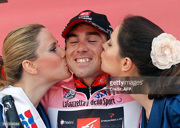 Spanish David Arroyo Duran , celebrates his pink jersey on stage 15 of the 93rd Giro of Italy, from Mestre to Monte Zoncolan on May 23, 2010. AFP...