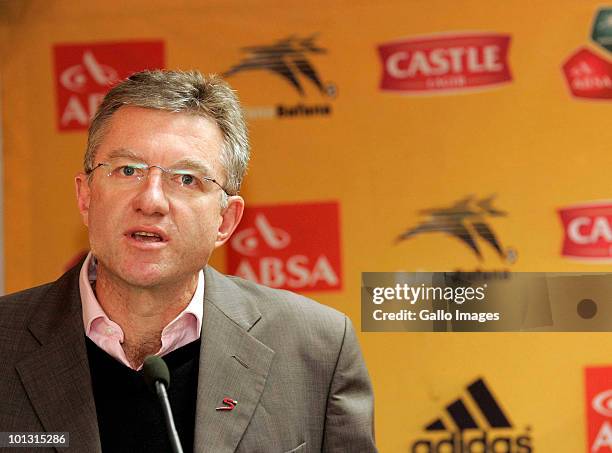 Rob Fleming of South African Breweries speaks during the South Africa final 23-man squad announcement at Primedia Place on June 01, 2010 in...