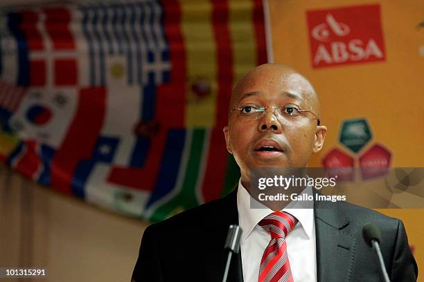 Leslie Sedibe, CEO of SAFA, speaks during the South Africa final 23-man squad announcement at Primedia Place on June 01, 2010 in Johannesburg, South...