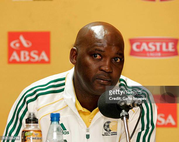 Pitso Motsimane, South Africa's assistant coach, speaks during the South Africa final 23-man squad announcement at Primedia Place on June 01, 2010 in...