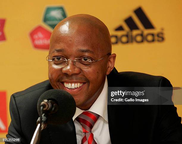 Leslie Sedibe, CEO of SAFA, speaks during the South Africa final 23-man squad announcement at Primedia Place on June 01, 2010 in Johannesburg, South...