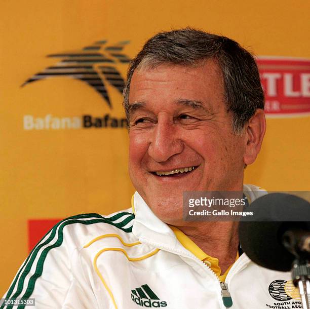 Carlos Alberto Parreira, head coach, smiles during the South Africa final 23-man squad announcement at Primedia Place on June 01, 2010 in...