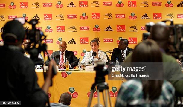 Carlos Alberto Parreira, head coach of South Africa, speaks during the South Africa final 23-man squad announcement at Primedia Place on June 01,...