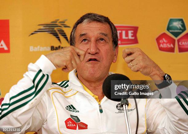 Carlos Alberto Parreira, head coach, gestures during the South Africa final 23-man squad announcement at Primedia Place on June 01, 2010 in...