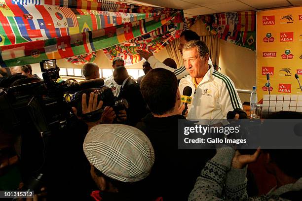 Carlos Alberto Parreira, head coach, is interviewed during the South Africa final 23-man squad announcement at Primedia Place on June 01, 2010 in...