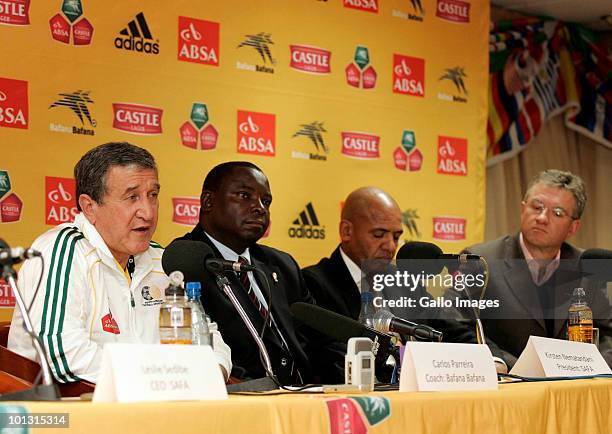 Carlos Alberto Parreira, South Africa head coach, Kirsten Nematandani President of SAFA, Happy Ntshingila, of ABSA, and Rob Fleming, of SAB , attend...