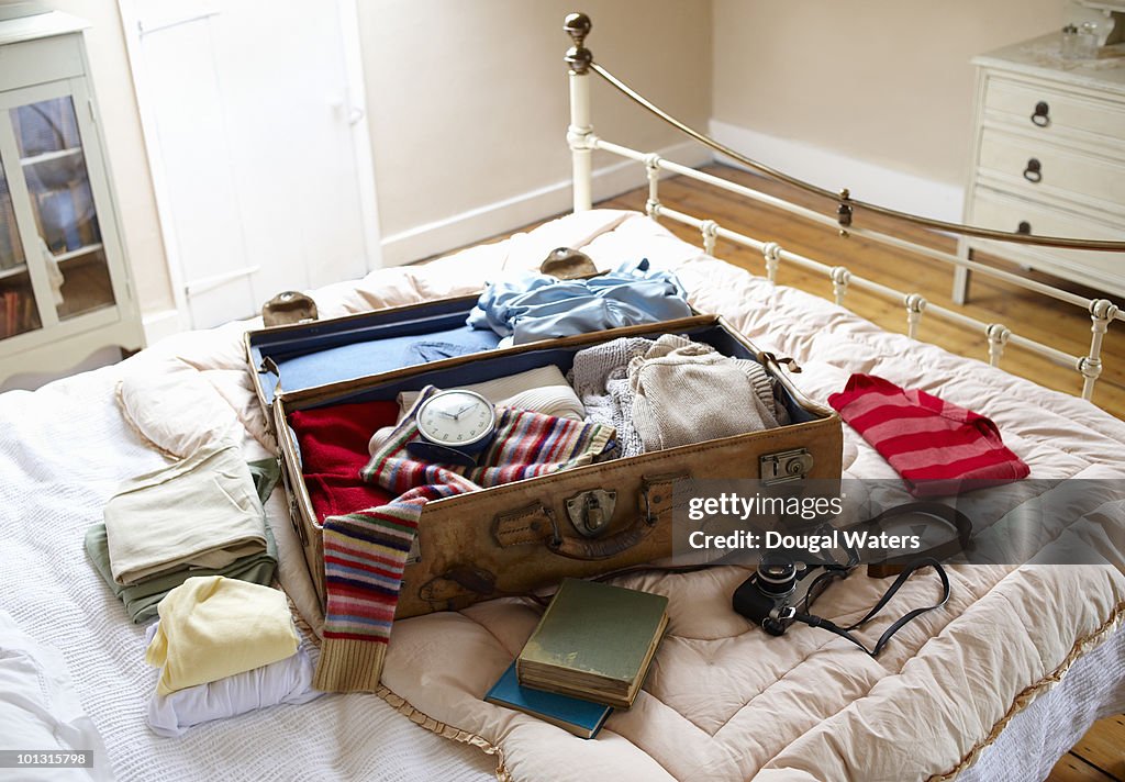 Items in suitcase on bed.