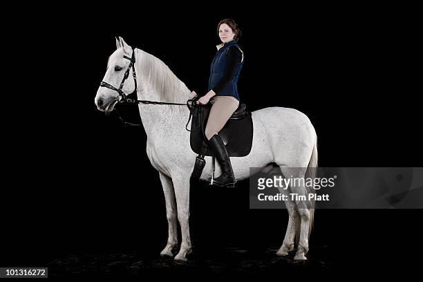 young woman sitting on a white horse. - horse studio stock-fotos und bilder