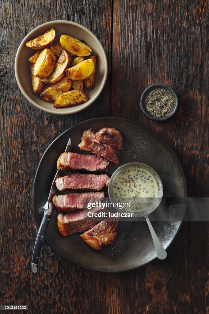 Steak with mustard and green peppercorns sauce