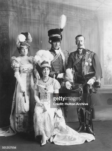 American-born heiress Mary Goelet, Duchess of Roxburghe with fellow guests at the 150 Years Ago Ball, held at the Albert Hall, London, June 1912.