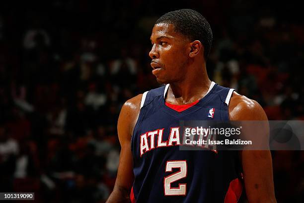 Joe Johnson of the Atlanta Hawks looks across the court during the game against the Miami Heat on March 6, 2010 at American Airlines Arena in Miami,...