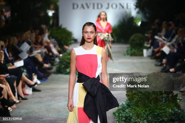Model showcases designs by Kate Sylvester during the David Jones Spring Summer 18 Collections Launch at Fox Studios on August 8, 2018 in Sydney,...