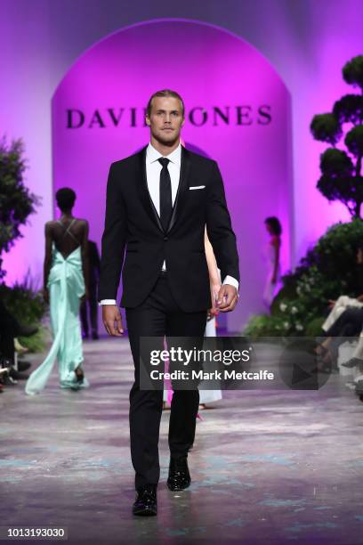 Jett Kenny showcases designs by Joe Black during the David Jones Spring Summer 18 Collections Launch at Fox Studios on August 8, 2018 in Sydney,...