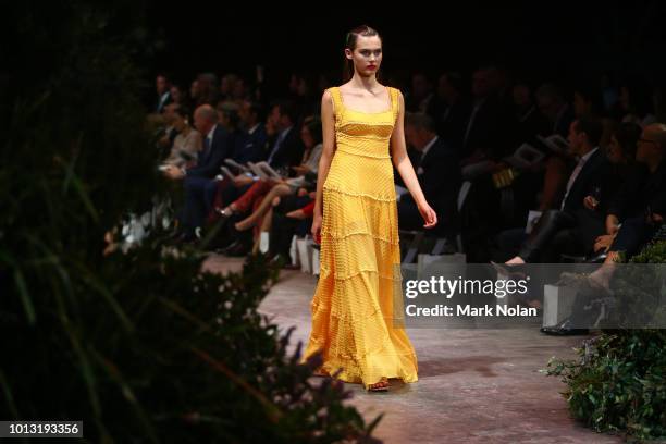 Model showcases designs by Rachel Gilbert during the David Jones Spring Summer 18 Collections Launch at Fox Studios on August 8, 2018 in Sydney,...