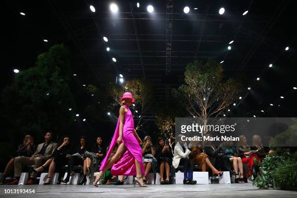 Model showcases designs by Carla Zampatti during the David Jones Spring Summer 18 Collections Launch at Fox Studios on August 8, 2018 in Sydney,...