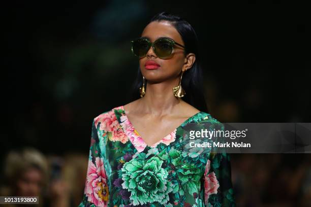 Model showcases designs by Trelise Cooper during the David Jones Spring Summer 18 Collections Launch at Fox Studios on August 8, 2018 in Sydney,...