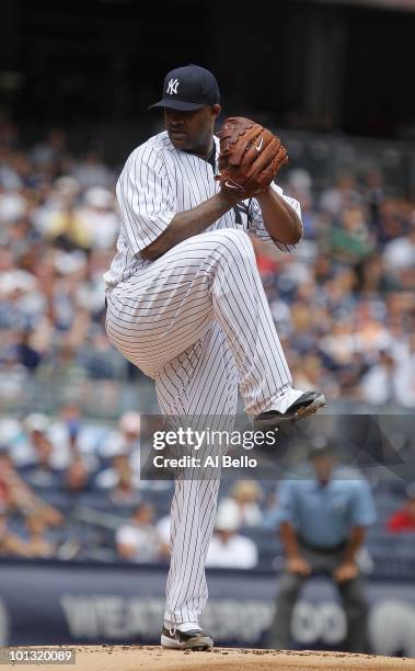Sabathia of The New York Yankees pitches againsdt the Cleveland Indians during their game on May 29, 2010 at Yankee Stadium in the Bronx Borough of...