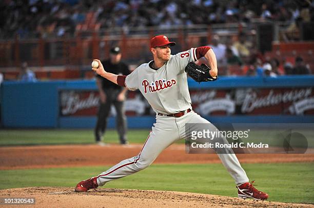 Pitcher Roy Halladay of the Philadelphia Phillies pitches during his perfect game against the Florida Marlins in Sun Life Stadium on May 29, 2010 in...