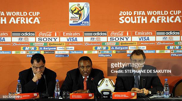 Jérôme Valcke , FIFA Secretary General flanked by Irvin Khoza , Chairman of the 2010 FIFA World Cup local Organising Committee and Danny Jordaan ,...