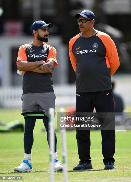 India captain Virat Kohli with coach Ravi Shastri during a nets session at Edgbaston on August 5, 2018 in Birmingham, England.