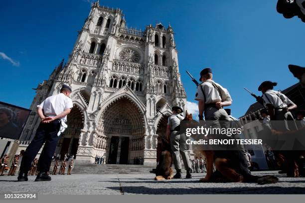 French soldiers and their dogs stand at attention outside the cathedral after a religious ceremony to mark the 100th anniversary of the World War I...