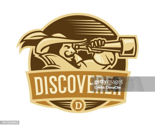 ilustrações de stock, clip art, desenhos animados e ícones de pirate discoverer with spyglass in camisole with high collar and hat with feather - retro style emblem with replaceable text - marines logo