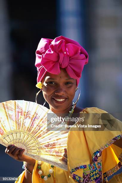 cuba, havana, woman wearing festive dress and accessories - folding fan stock pictures, royalty-free photos & images