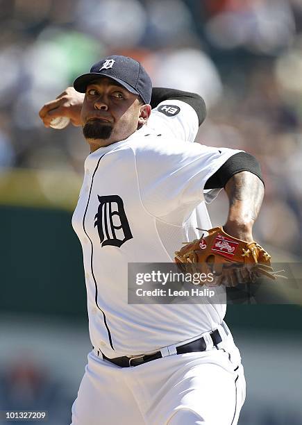 Joel Zumaya of the Detroit Tigers pitches in the eighth inning against the Oakland Athletics on May 30, 2010 at Comerica Park in Detroit, Michigan....