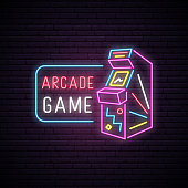Neon sign of Arcade game machine. Neon entertainment emblem, bright banner. Advertising design. Night light signboard. Vector illustration.