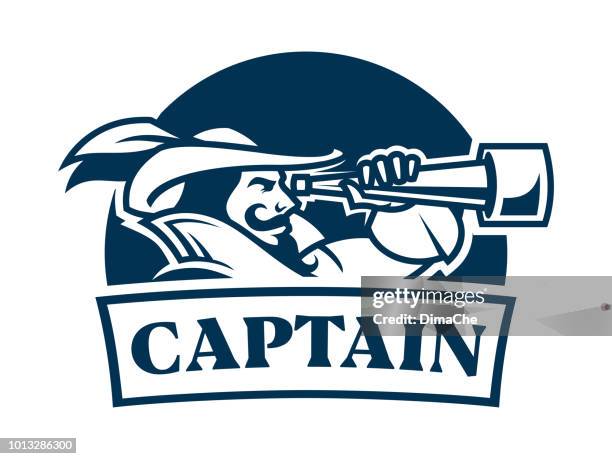 pirate captain with spyglass in camisole and hat with feather - retro style emblem icon with replaceable texy part - boat captain stock illustrations