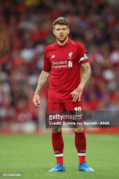 Alberto Moreno of Liverool during the pre-season friendly between Liverpool and Torino at Anfield on August 7, 2018 in Liverpool, England.