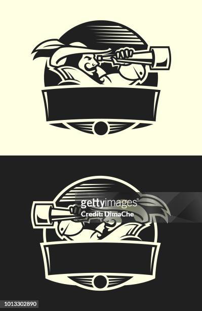retro-stil piratenkapitän mit spyglass in hemd und hut mit feder - emblem symbol mit platz für text auf banner - musketiere stock-grafiken, -clipart, -cartoons und -symbole