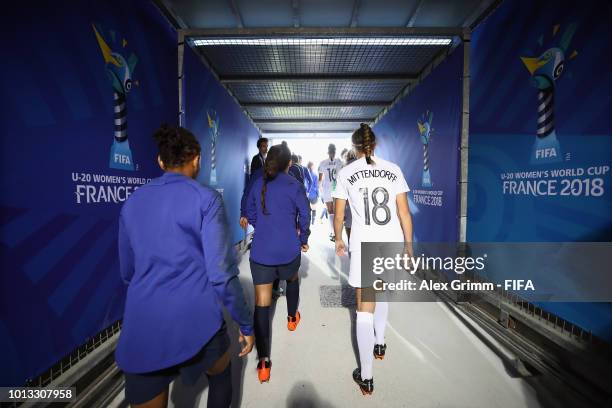 Players walk out of the tunnel for the FIFA U-20 Women's World Cup France 2018 group A match between France and New Zealand at Stade de la Rabine on...