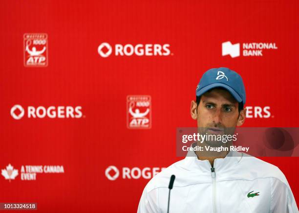 Novak Djokovic of Serbia speaks to the media after defeating Peter Polansky of Canada in a 2nd round match on Day 3 of the Rogers Cup at Aviva Centre...
