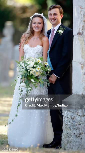 Daisy Jenks and Charlie van Straubenzee leave the church of St Mary the Virgin after their wedding on August 4, 2018 in Frensham, England. Prince...