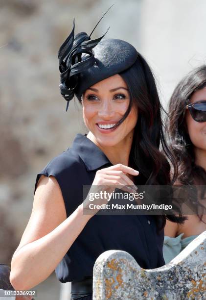 Meghan, Duchess of Sussex attends the wedding of Charlie van Straubenzee and Daisy Jenks at the church of St Mary the Virgin on August 4, 2018 in...