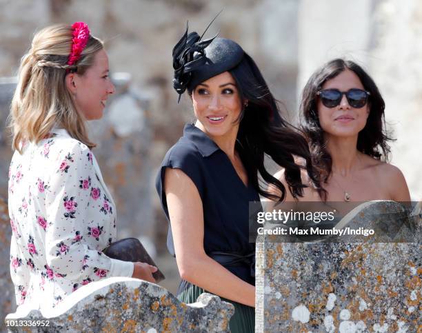 Meghan, Duchess of Sussex attends the wedding of Charlie van Straubenzee and Daisy Jenks at the church of St Mary the Virgin on August 4, 2018 in...