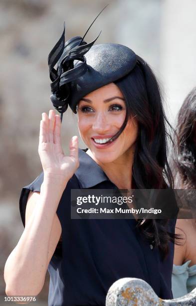 Meghan, Duchess of Sussex attends the wedding of Charlie van Straubenzee and Daisy Jenks at the church of St Mary the Virgin on August 4, 2018 in...