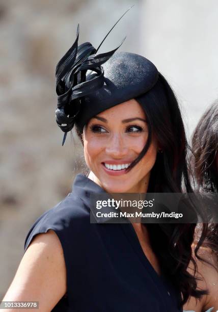 Meghan, Duchess of Sussex attends the wedding of Charlie van Straubenzee and Daisy Jenks at the church of St Mary the Virgin on August 4, 2018 in...