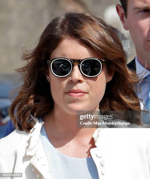 Princess Eugenie attends the wedding of Charlie van Straubenzee and Daisy Jenks at the church of St Mary the Virgin on August 4, 2018 in Frensham,...