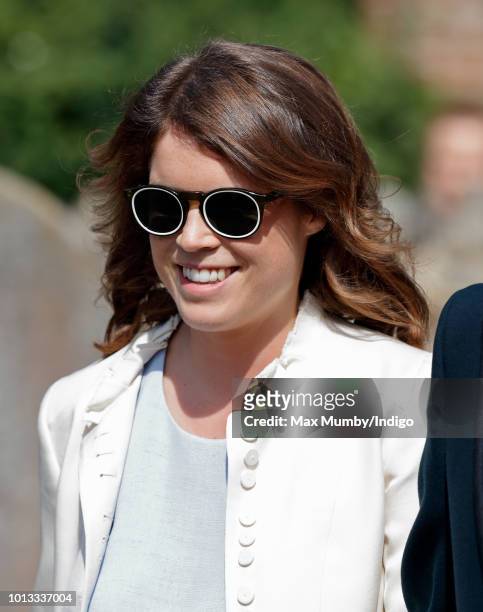 Princess Eugenie attends the wedding of Charlie van Straubenzee and Daisy Jenks at the church of St Mary the Virgin on August 4, 2018 in Frensham,...